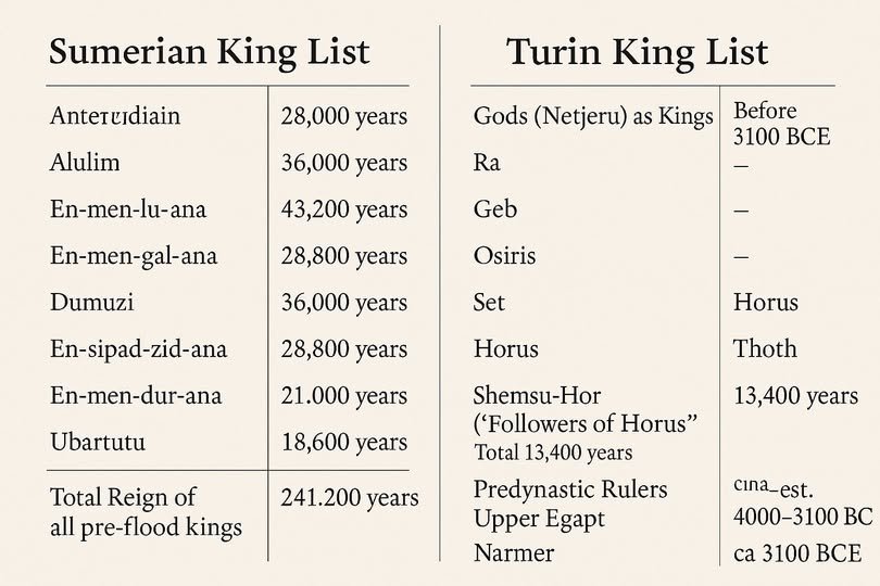 Chart comparing reign lengths of pre-flood and post-flood kings in the Sumerian King List