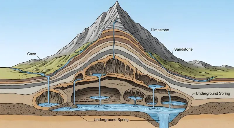 Diagram showing groundwater flow through limestone caves inhabited by Rare Underground Salamanders