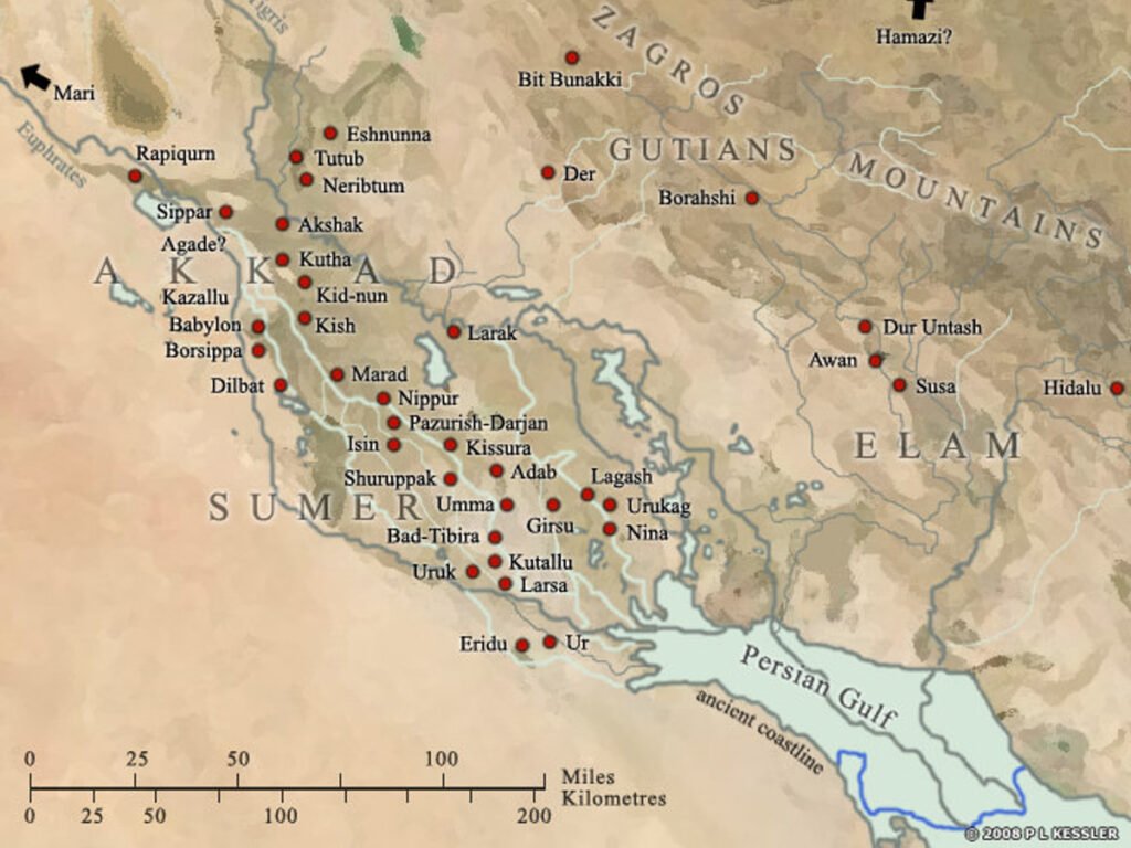 Map of southern Mesopotamia showing ancient cities mentioned in the Sumerian King List including Eridu, Kish, Uruk, Ur, and Isin