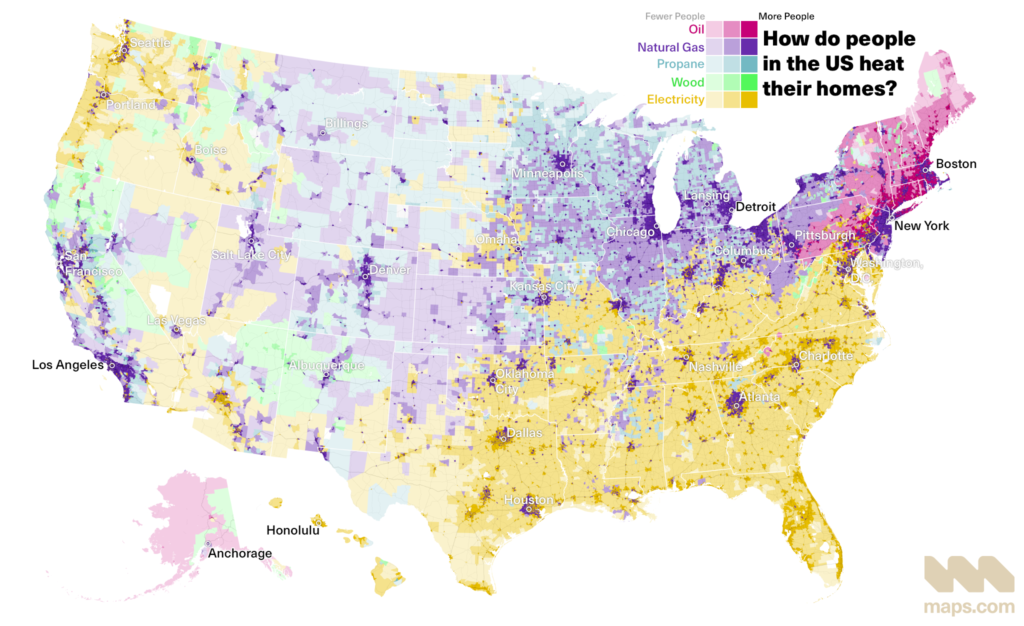 Which Home Heating System Is Costing Americans the Most Each Month 3 Map showing regions of the United States by primary residential heating fuel usage