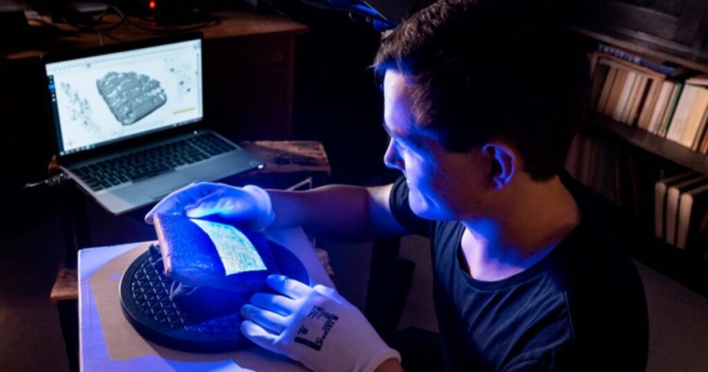 Researcher using digital scanning tools to analyze cuneiform tablet linked to the Unexpected Story of Human Origins