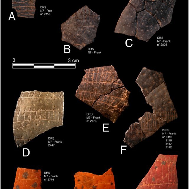 Ostrich eggshell fragments with engraved geometric lines